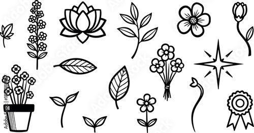 Black and white line art floral collection with leaves flowers bouquet and award ribbon isolated on white background