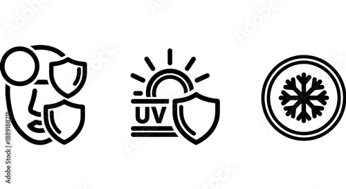 Icons representing protection against elements: face with shields, sun with UV protection shield, and a snowflake in a circle.