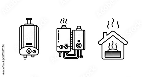 Line art icons related to water heating: a large water heater, two smaller units possibly for a heating system, and a house with a stylized furnace icon.