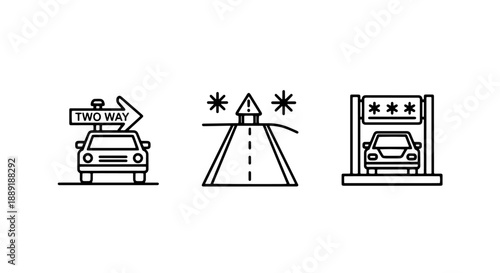 Icons for road travel and navigation: a car with a 'two way' sign, a warning sign on a road, and a car at a toll booth or checkpoint.