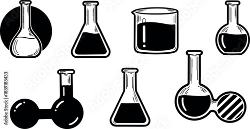 Black and white chemical laboratory glassware set with round bottom and conical flasks in simple vector line art design