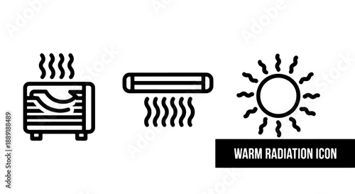 Warm radiation and heating icons featuring a heater, radiant panel, and sun symbol, illustrating heat energy and warmth.