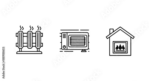 Comprehensive Home Heating System Icons: Radiator, Electric Heater, and Fireplace for Residential Warmth