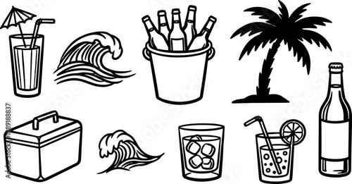 Hand drawn black line art tropical beach icons with drinks cooler palm waves and ice bucket summer themed