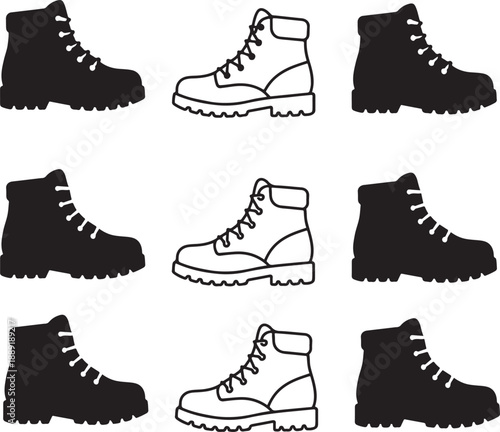 Isolated hiking winter boots icon, hiking boots silhouette, hiking winter footwear, outdoor travel adventure gear, trekking equipment design, rugged shoes vector icon