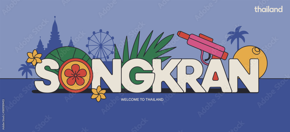 Fototapeta premium Songkran festival greeting with water gun and Thai landmarks