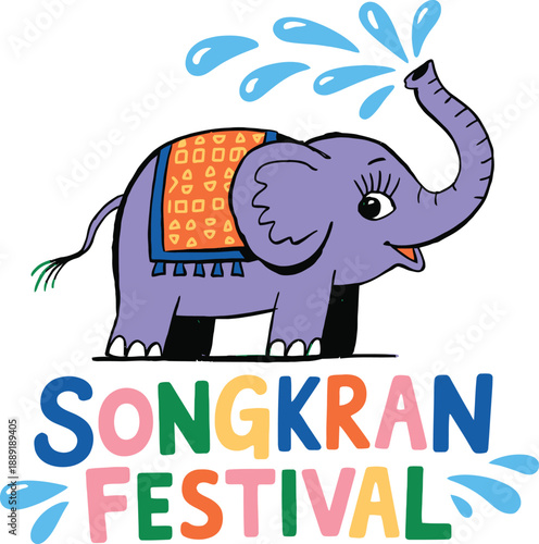 Purple elephant spraying water with Songkran Festival text