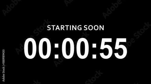 Starting soon digital countdown clock timer in 1 minute to zero second. White text number on isolated black background. Element for overlay concept. 4K footage motion video.