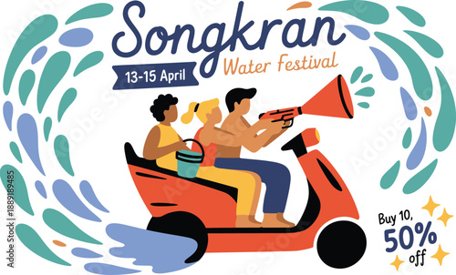 Songkran Water Festival people on scooter with water gun