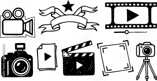 Hand drawn black sketch video camera and filmstrip icons collection with clapperboard and tripod elements illustration
