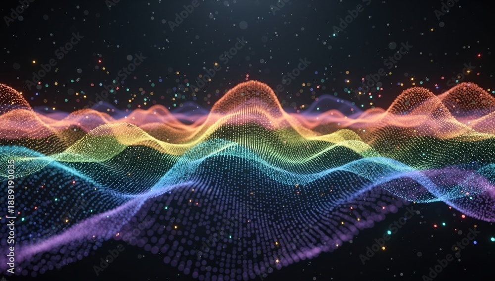 Obraz premium Abstract rainbow wave of particles flowing across a dark background with glowing dots