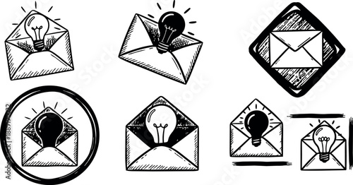 Black and white hand drawn illustration of various light bulbs inside envelope icons for concept communication creativity ideas innovative solutions