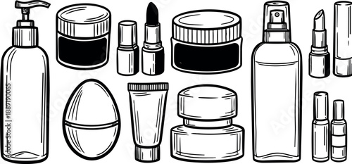 Black and white line art of assorted cosmetic bottles and containers arranged in neat row with detailed outlines