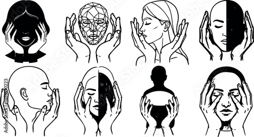 Black and white surreal line art faces with hands holding abstract spheres and masks in various emotional expressions and angles