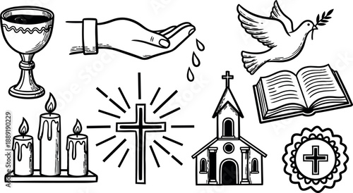 Black and white line art religious symbols collection featuring cross candles dove church bible and chalice icons