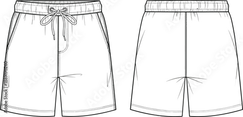 Casual drawstring shorts technical CAD drawing showing front and back views with elastic waistband and relaxed fit, summer apparel cad drawing flat vector illustration