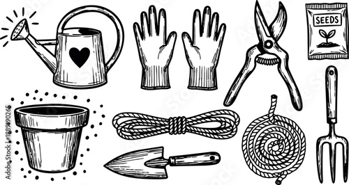 Black and white line art gardening tools set watering can gloves pruning shears plant pot garden fork illustrated vintage style
