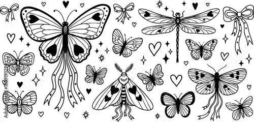 Black and white line art collection of various butterflies moths dragonfly and decorative elements with hearts and bows