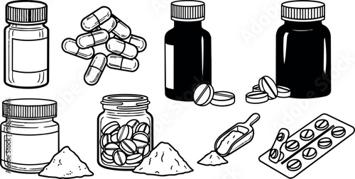 Black and white line art of various pill bottles capsules powder jars and medical blister pack close up illustration