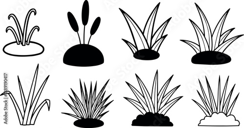 Black silhouette wetland plants and reeds icon set with different grass shapes isolated on white background