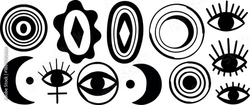Black and white surrealism eyes and geometric shapes collection with abstract pattern design and symbolic elements