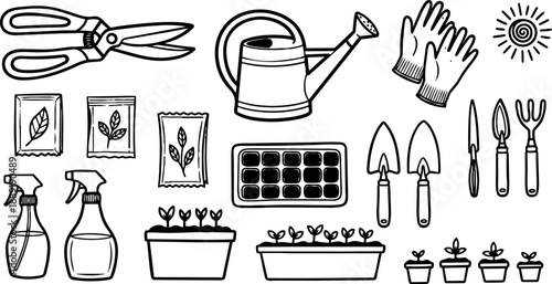 Hand drawn black and white gardening tools collection including watering can gloves sprayers and seedling pots arranged neatly with sunlight illustration