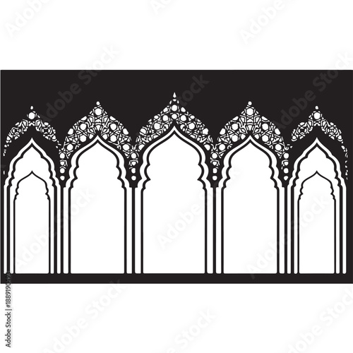 Black and white islamic archway pattern with intricate arches
