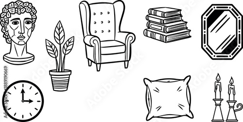 Black and white line art vintage style collection of home decor items including bust clock armchair pillow candlestick mirror and books