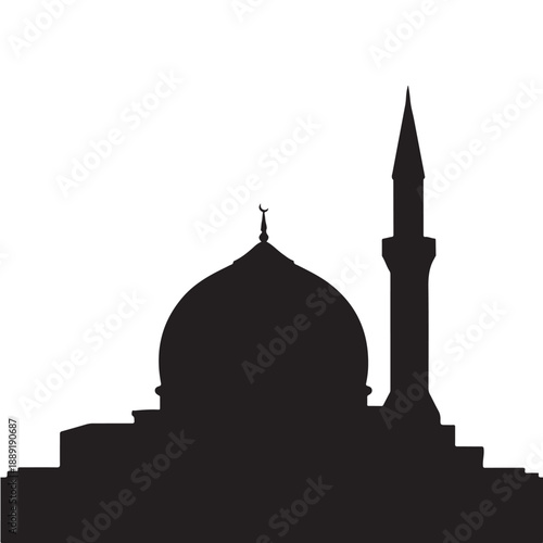 Black silhouette of mosque with dome and minaret white background