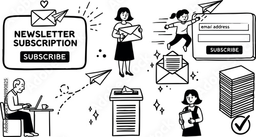 Black and white line art business people sending newsletter subscription emails with paper planes and digital icons in office