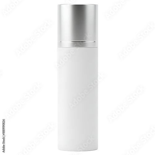 White cosmetic bottle with silver cap isolated on transparent background blank pump dispenser for skincare beauty product mockup branding presentation