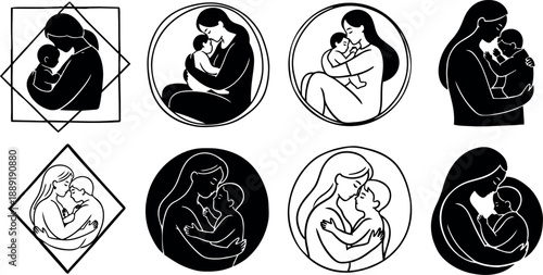 Black and white minimalist mother holding baby silhouette line art set with circular and square frames different poses