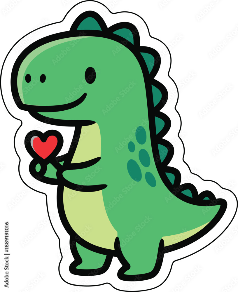 Obraz premium Dino's Heartfelt Gesture: A charming cartoon dinosaur, clutching a vibrant red heart, radiates affection and warmth, an endearing symbol of love and kindness.