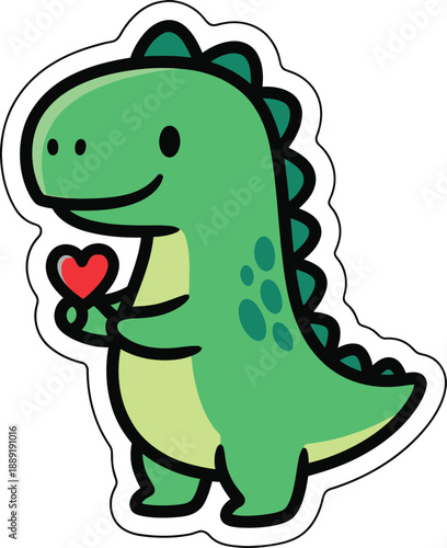Dino's Heartfelt Gesture: A charming cartoon dinosaur, clutching a vibrant red heart, radiates affection and warmth, an endearing symbol of love and kindness.