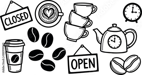 Black and white hand drawn coffee cups beans teapot clock open and closed signs flat design set