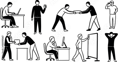 Black and white line art business people interacting with laptops, drinks, presentations, and discussions in professional environment