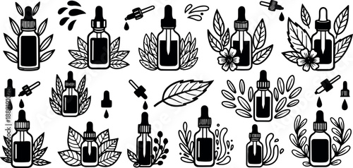 Black and white line art botanical design with essential oil bottles and natural herbal leaves graphic illustration set