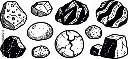 Black and white line art illustration of various rocks and minerals detailed graphic style drawing set