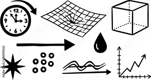 Hand drawn black and white physics symbols including time clock, space time grid, cube, star, particles, wave, droplet, and graph elements