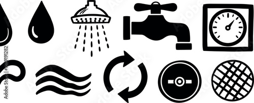 Black and white flat design water icons including drops faucet shower timer waves recycling and filter symbols