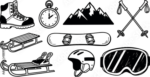 Black and white line art winter sports equipment including boots sled snowboard helmet goggles and mountain silhouette drawing