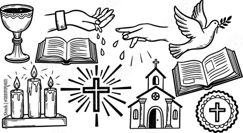 Black and white line art christian religious symbols chalice candles cross church dove holy bible set detailed illustration