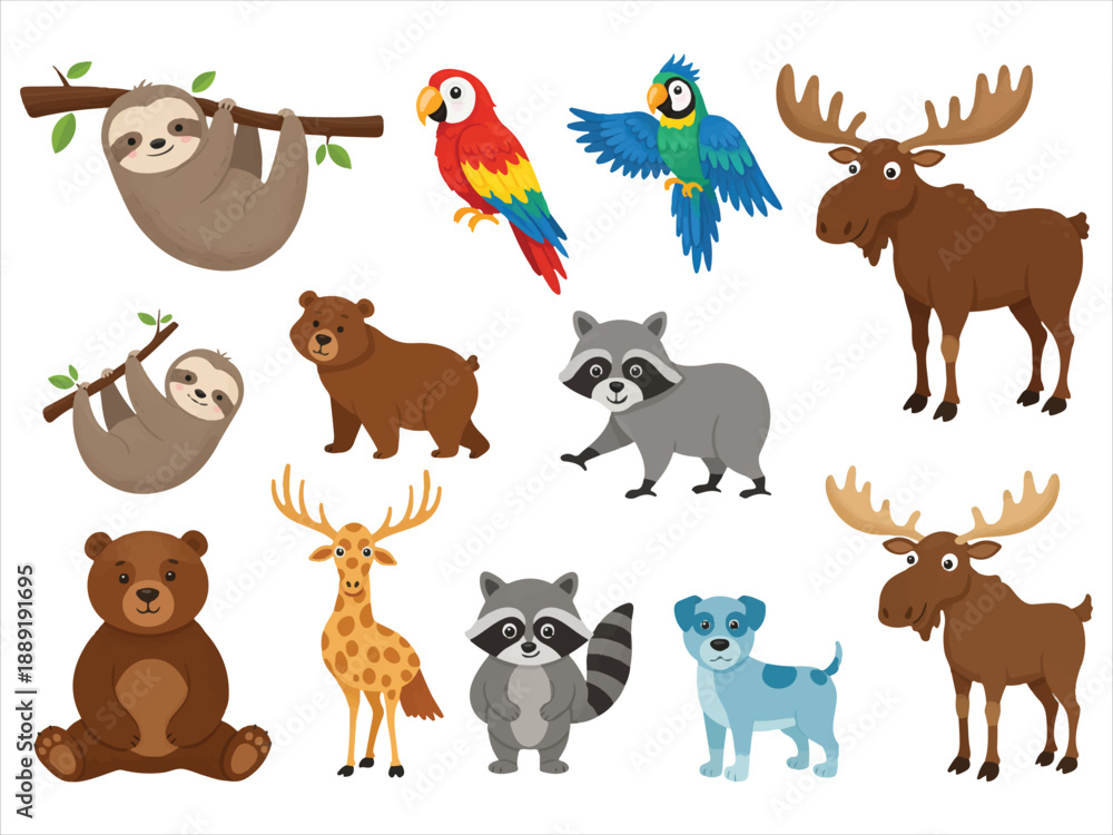 Naklejka premium Cartoon animals collection including sloths bears raccoons moose dogs giraffes and parrots