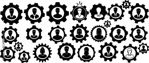 Black and white silhouette portraits in circular frames diverse business people various hairstyles and poses simple flat graphic style