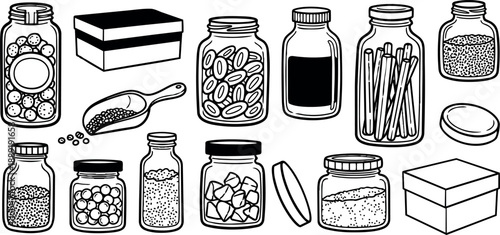Hand drawn line art overhead view of assorted glass jars spice bottles boxes and wooden spoon on white background minimal