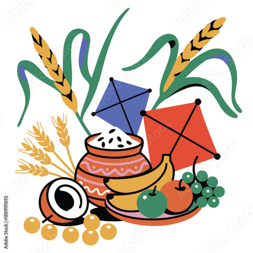 Harvest festival arrangement with fruits and kites
