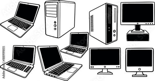 Black and white line art various laptop desktop computer screens and towers in simple flat illustration style