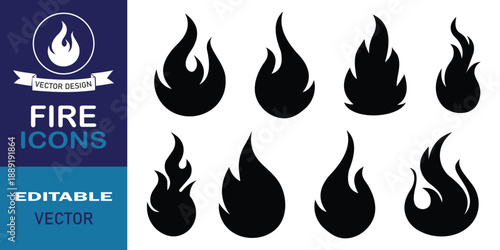 Fire flame icons set. Burning symbol. Contour bonfire modern vector, icon design. Simple flame vector illustration.