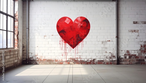 Red Heart Wall Art on White Brick Wall in Dimly Lit Industrial Space