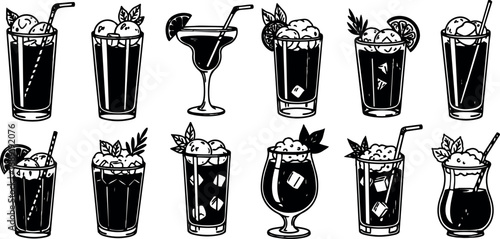 Black and white silhouette collection of various cocktail drinks with garnishes and straws isolated on white background